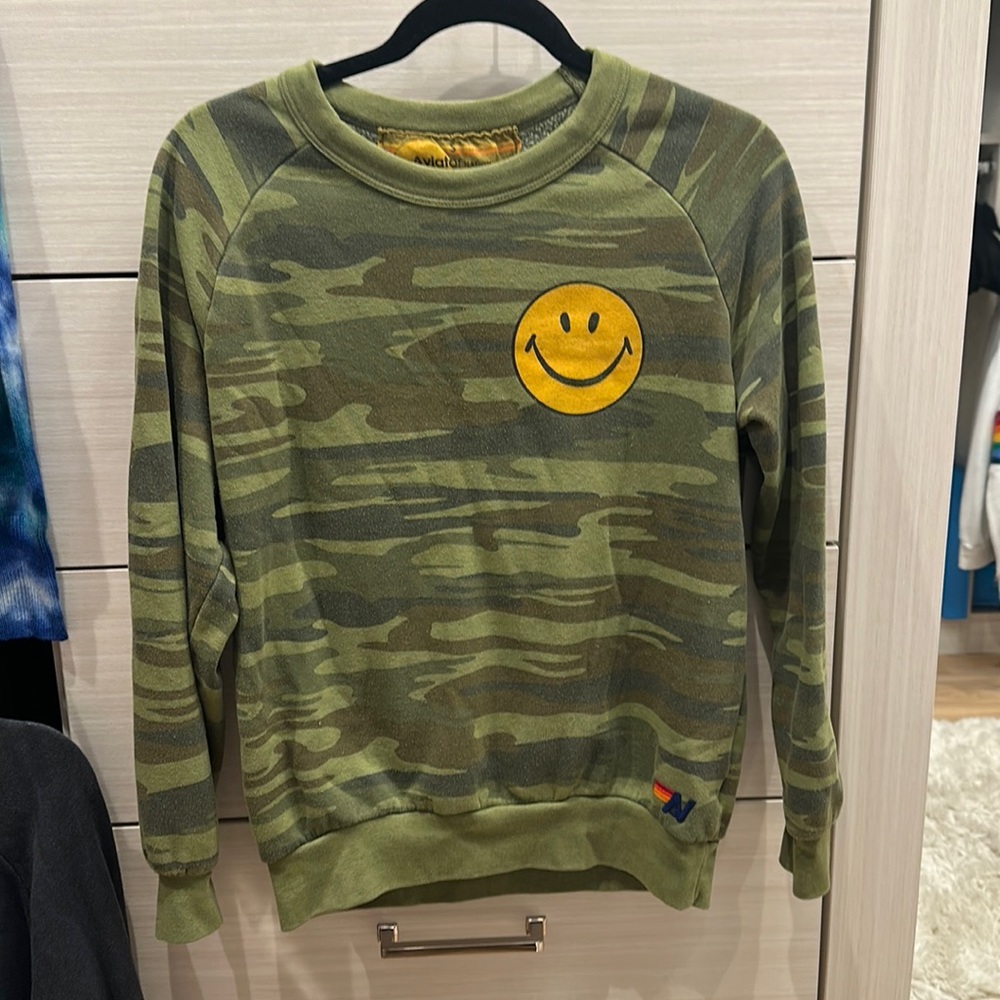 Aviator Nation Smiley camouflage crew neck sweatshirt size Small